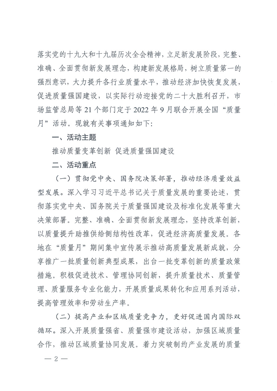 市場監(jiān)管總局等21個部委（部門）發(fā)文部署開展2022年全國&ldquo;質量月&rdquo;活動（國市監(jiān)質發(fā)〔2022〕76號）